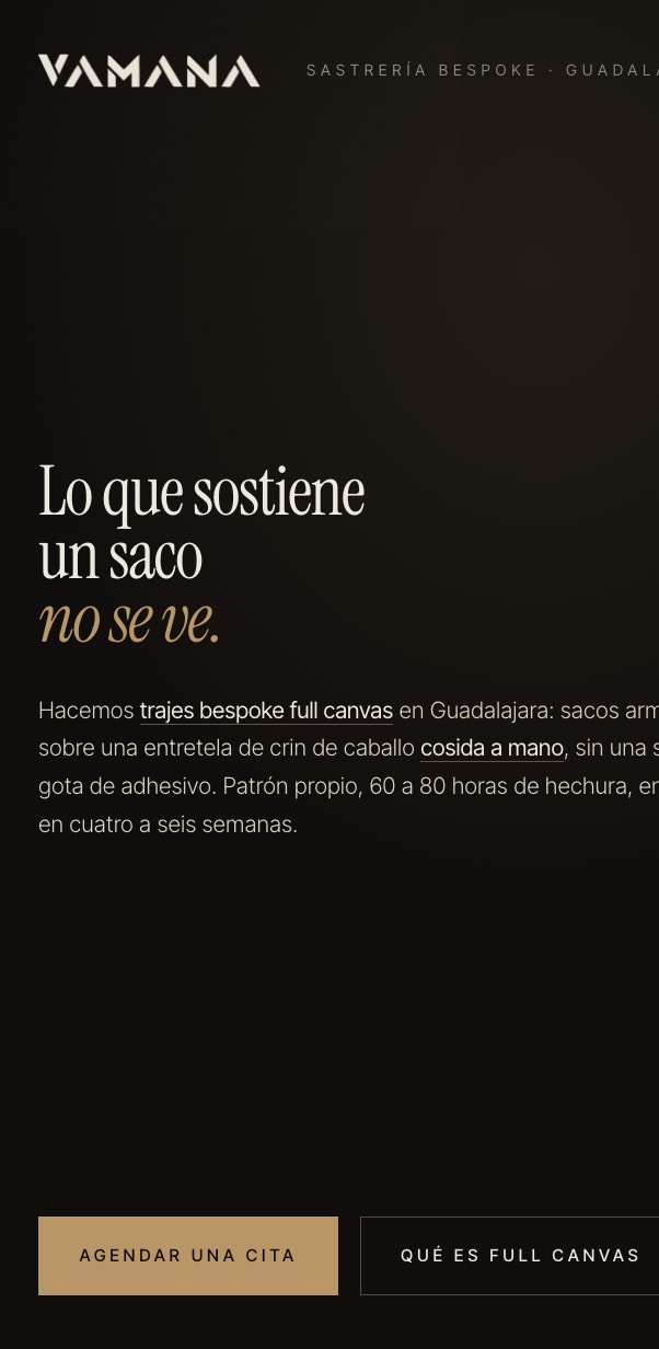 Sastrería Bespoke · Full canvas — vista en celular
