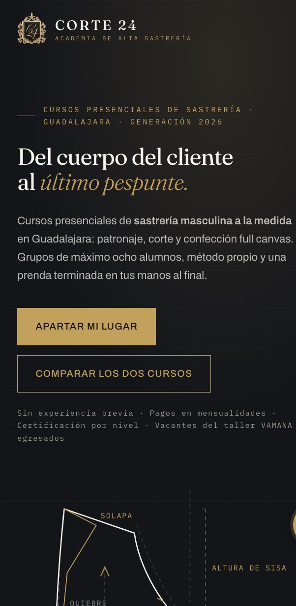 CORTE 24 · Academia de alta sastrería — vista en celular
